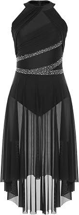 Women Rhinestone Lyrical Dance Costume High-Low Flowy Skirt Leotard Dress Contemporary Dancewear