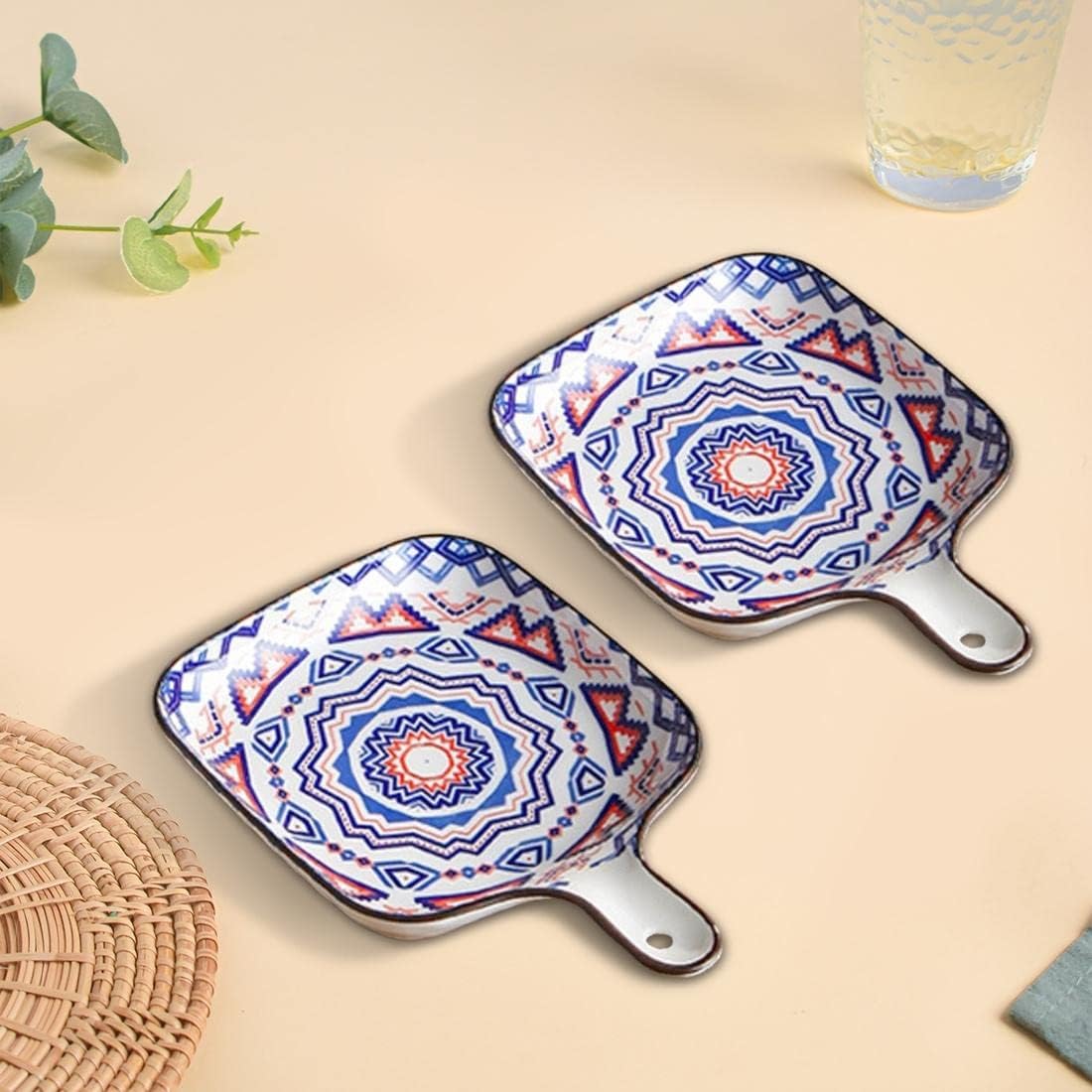 - Nestasia Set of 2 Mandala Ceramic Snack Plates (White & Blue) - Square Dessert Plates with Handle for Baking and Serving Desserts, Snacks & Appetizers | Microwave Safe (9 Inch Each)
