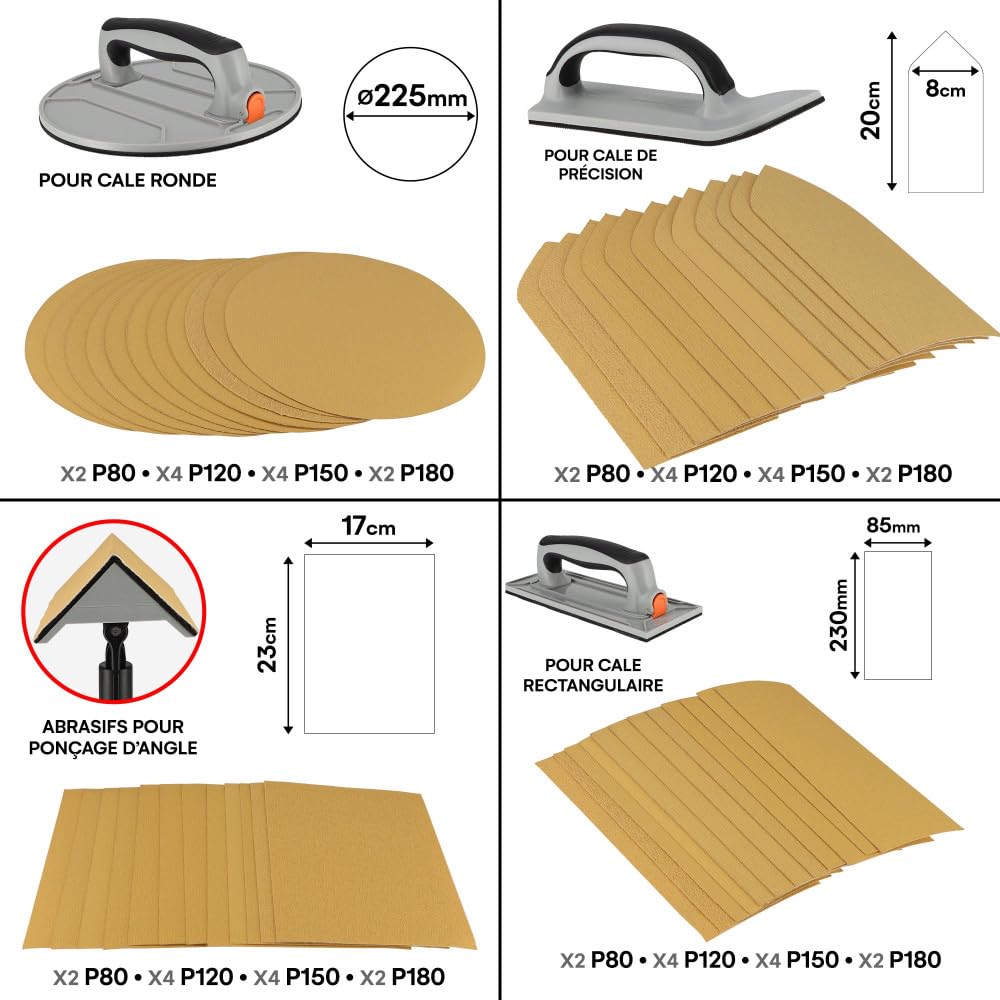 Kit ponçage plaquiste avec perche télescopique 1,2m - Ponceuse angle - circulaire - rectangulaire - détail - Feuilles abrasives