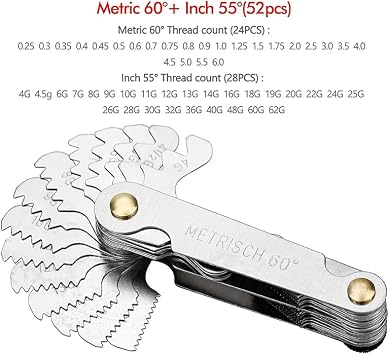 52 Pcs Stainless Steel Screw Thread Gauge Tool 60°/55° Metric and Imperial Thread Pitch Cutting Gauge Screw Gauge Measuring Tool Thread Pitch Gauge for Industrial Measurement