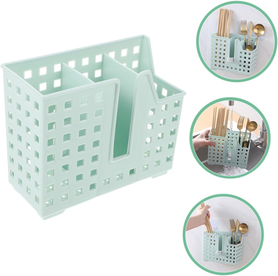 2pcs Dishwasher Utensil Drainer Basket Wall-mounted Countertop Chopsticks Holder with Three-section Storage for Cutlery Organization Green