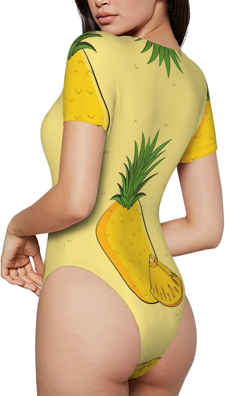 cartoon pineapple Medium Pattern women's round-neck tights T-shirts - home leisure sportswear, sizes S-XXL,