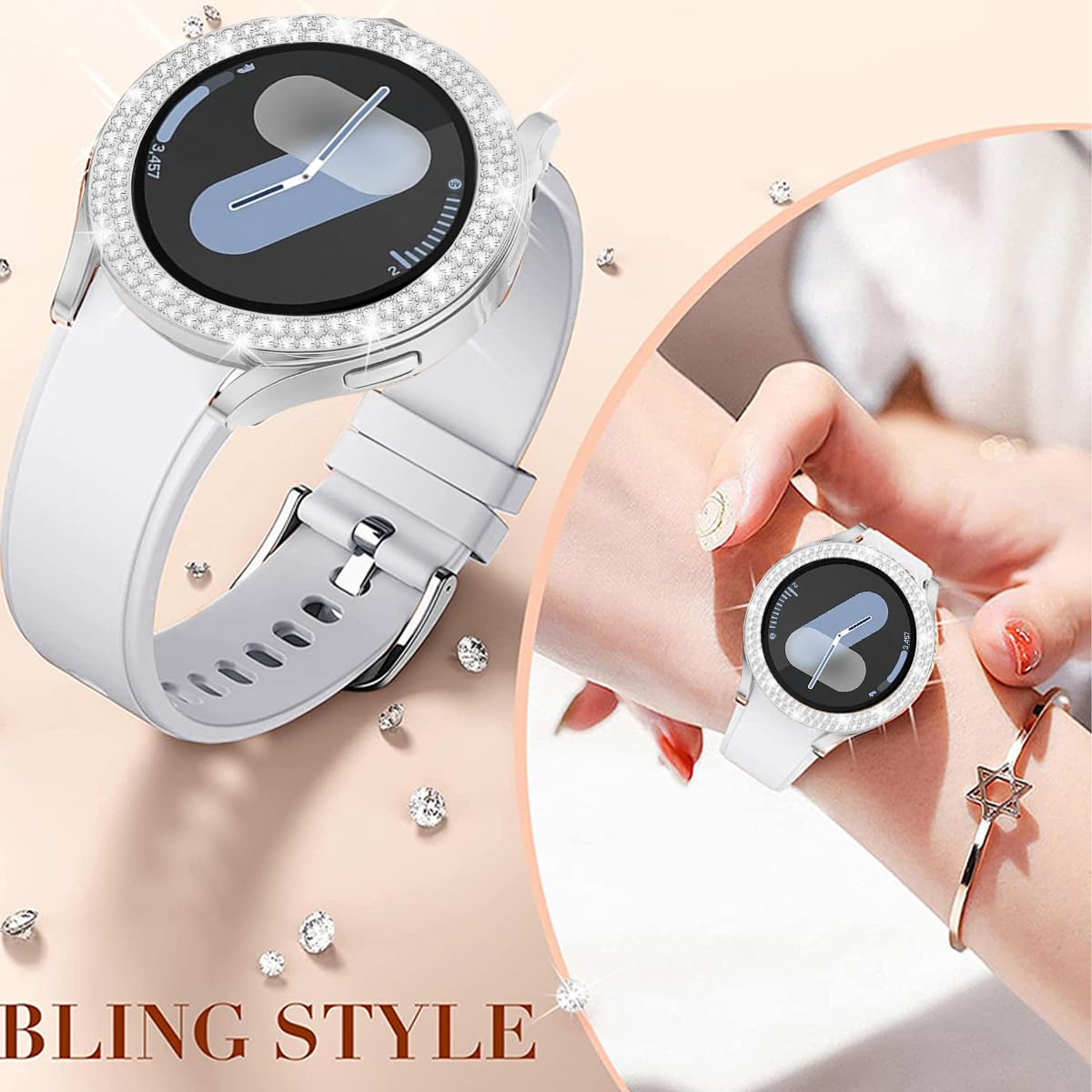 DEALELE [2-PACK] Case Compatible with Samsung Galaxy Watch 5/4 44mm, Bling Single-Row Diamond PC Protective Case Replacement Watch Cover Bumper (44mm, Gold+Transparent) — view 138