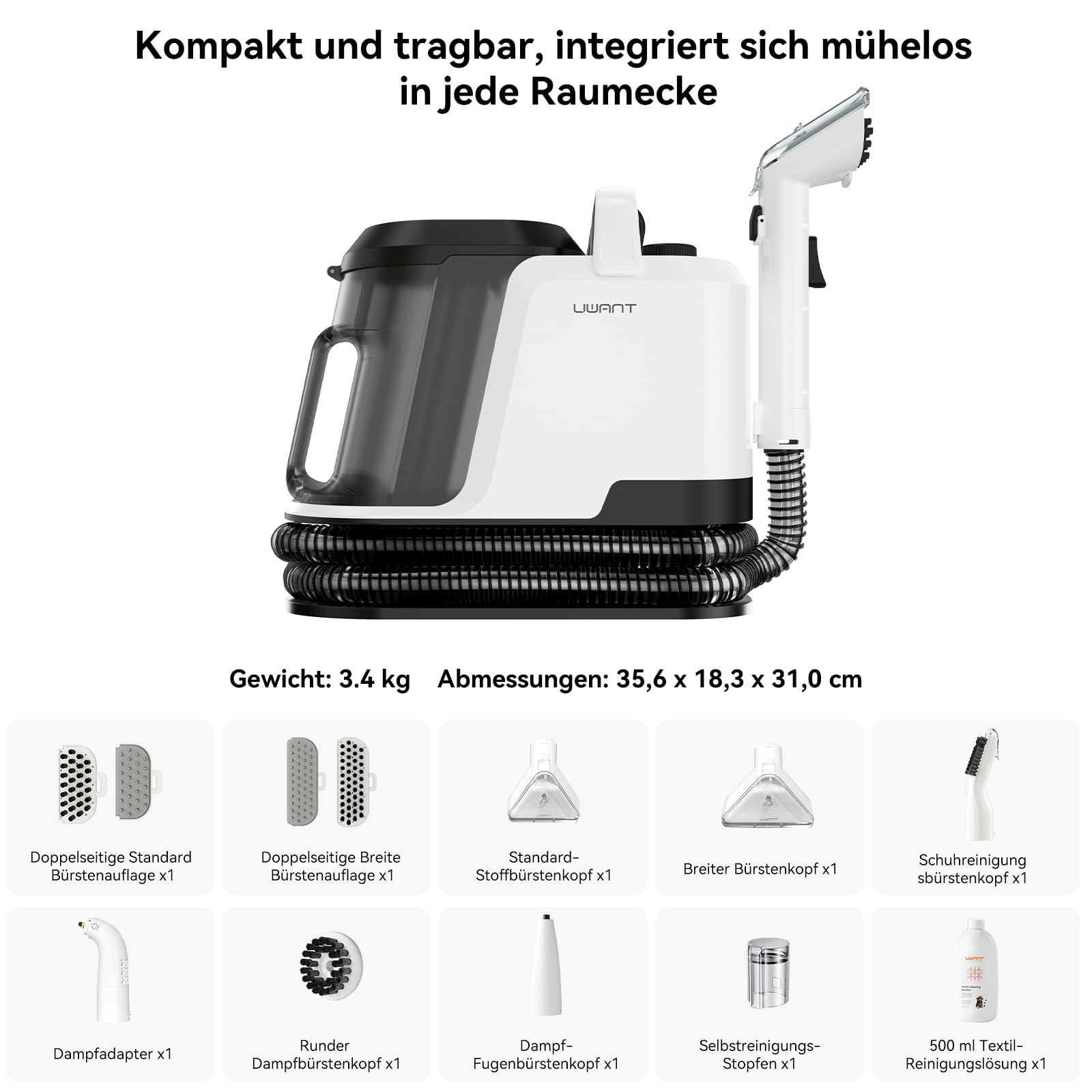 Uwant Y100 Steam Polsterreiniger Gerät, 3-in-1 Nasssauger für Sofa, Teppich und Auto mit 18KPA, 100°C Heißdampf, 65°C Heißwasser, Kaltwasser. Selbstreinigung, Multi-Bürstenkopf & 500ml Teppichreiniger