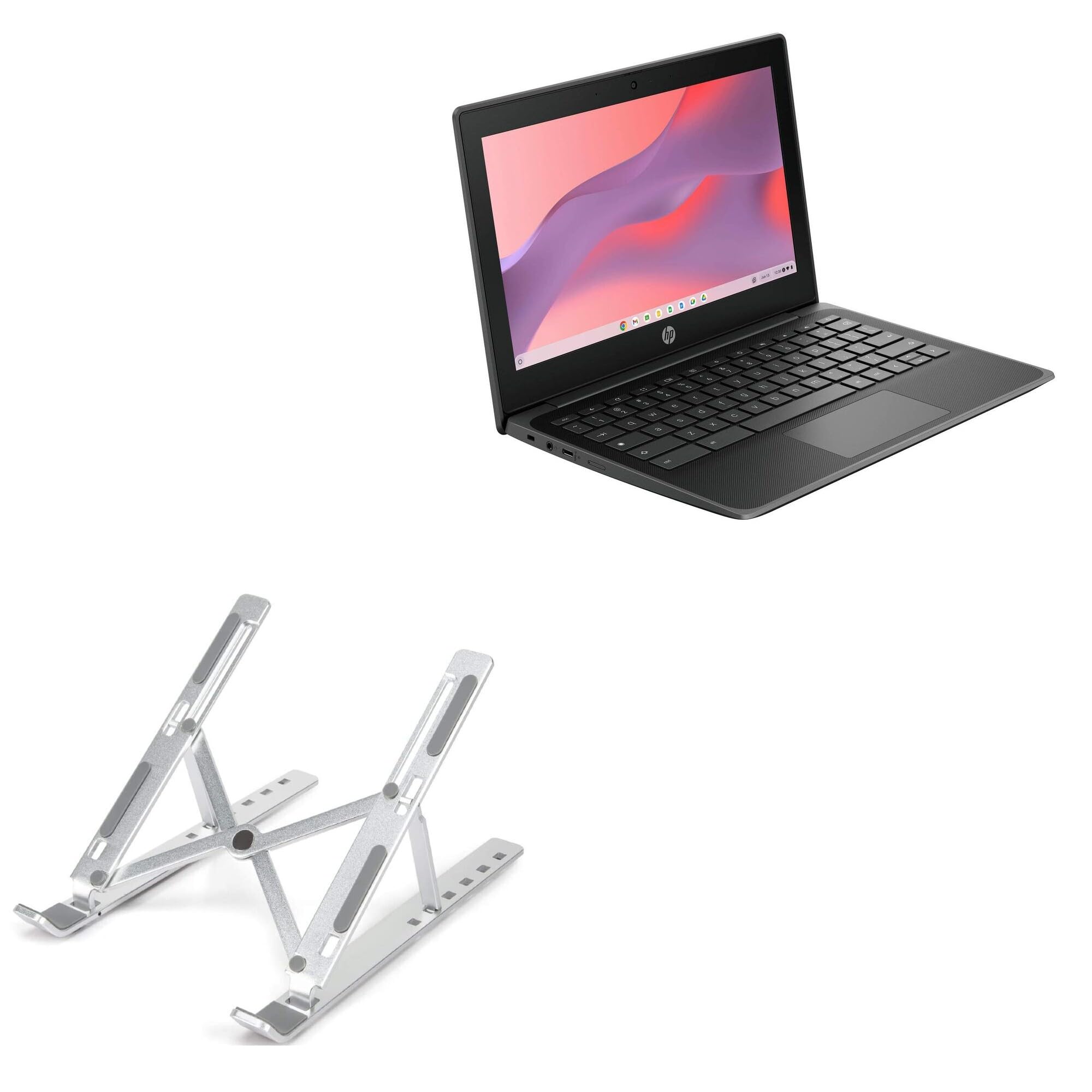 BoxWave Stand and Mount Compatible with HP Fortis G1i Chromebook (11.6 in) - Compact QuickSwitch Laptop Stand, Portable Multi Angle Viewing Foldable Riser - Metallic Silver