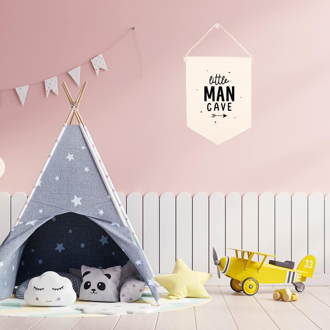 Andaz Press Hanging Wall Canvas Banner, Little Man Cave Canvas Tapestry Wall Hanging Banner for Baby Boy, Boys, Kids Canvas Nursery Wall Decoration Banner, Pennant Flag Wall Art Decor, 1-Pack
