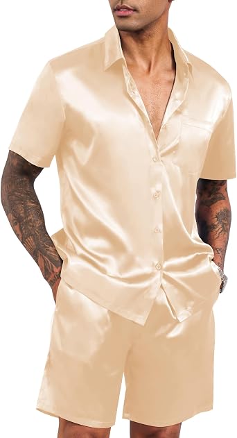 LecGee Mens Satin 2 Piece Outfits Lapel Shirt and Shorts Short Sleeve Button Down Tracksuit Luxury Set Prom Club Party