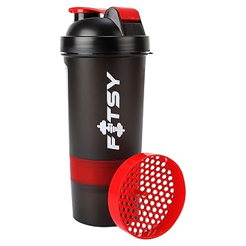 Fitsy Protein Shaker Bottle for Gym with Storage Compartment & Pill Tray, 500 ml, Red (AR998)