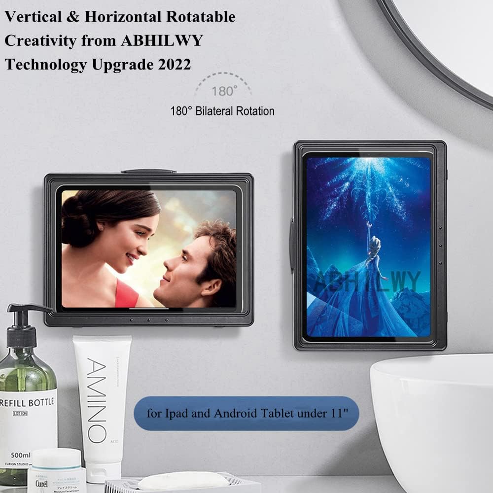 Shower Tablet Holder Waterproof Compatible with Ipad, Wall Mounted Bathroom Tablet Case Rotation, Adhesive Touchable Cradle with Glass Mirror Anti-Fog Screen for Kitchen 11 inches Black