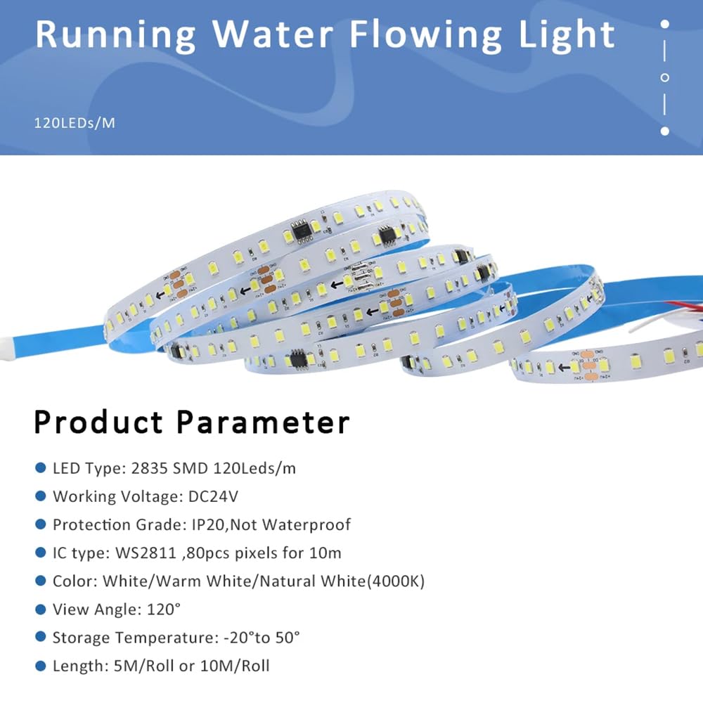 WS2811 2835 120Led/m Luce Fluviale Simulazione di Corsa di Cavalli, Striscia LED con Luci Pixel, Banda DC24V Flessibile, Bianco Freddo + Controller Wireless + Alimentazione Inclusa (Set da