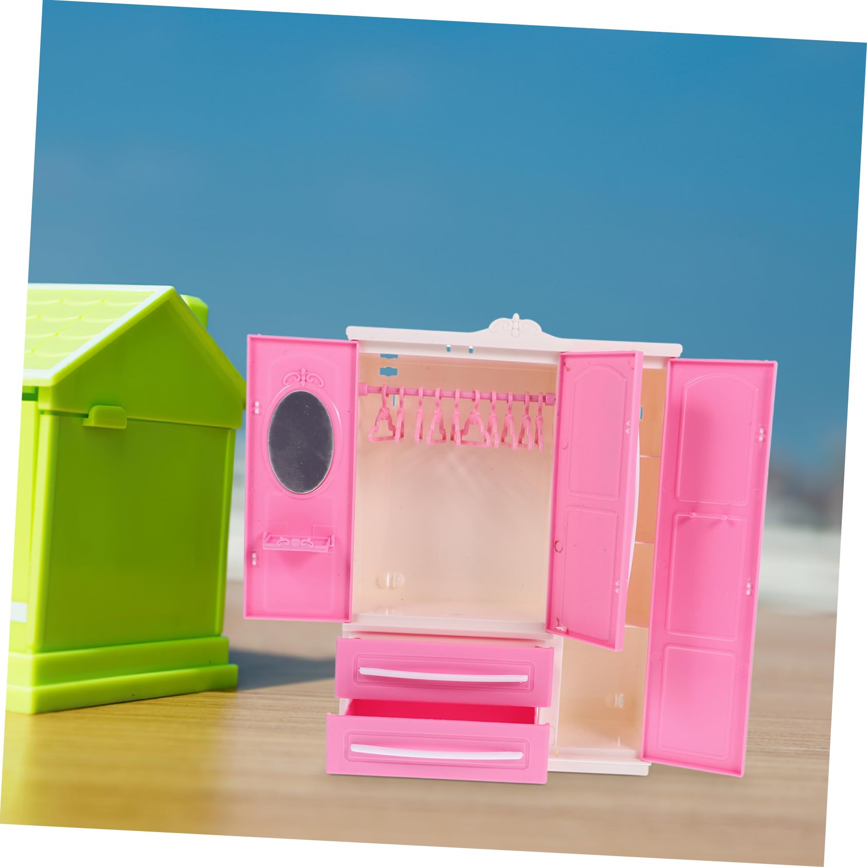 1 Set Miniature Doll Closet Wardrobe Clothing Organizer with 10 Pieces Plastic Doll Hangers ,Dollhouse Open Wardrobe Storage Dollhouse Furniture Accessories Pink - Image 3