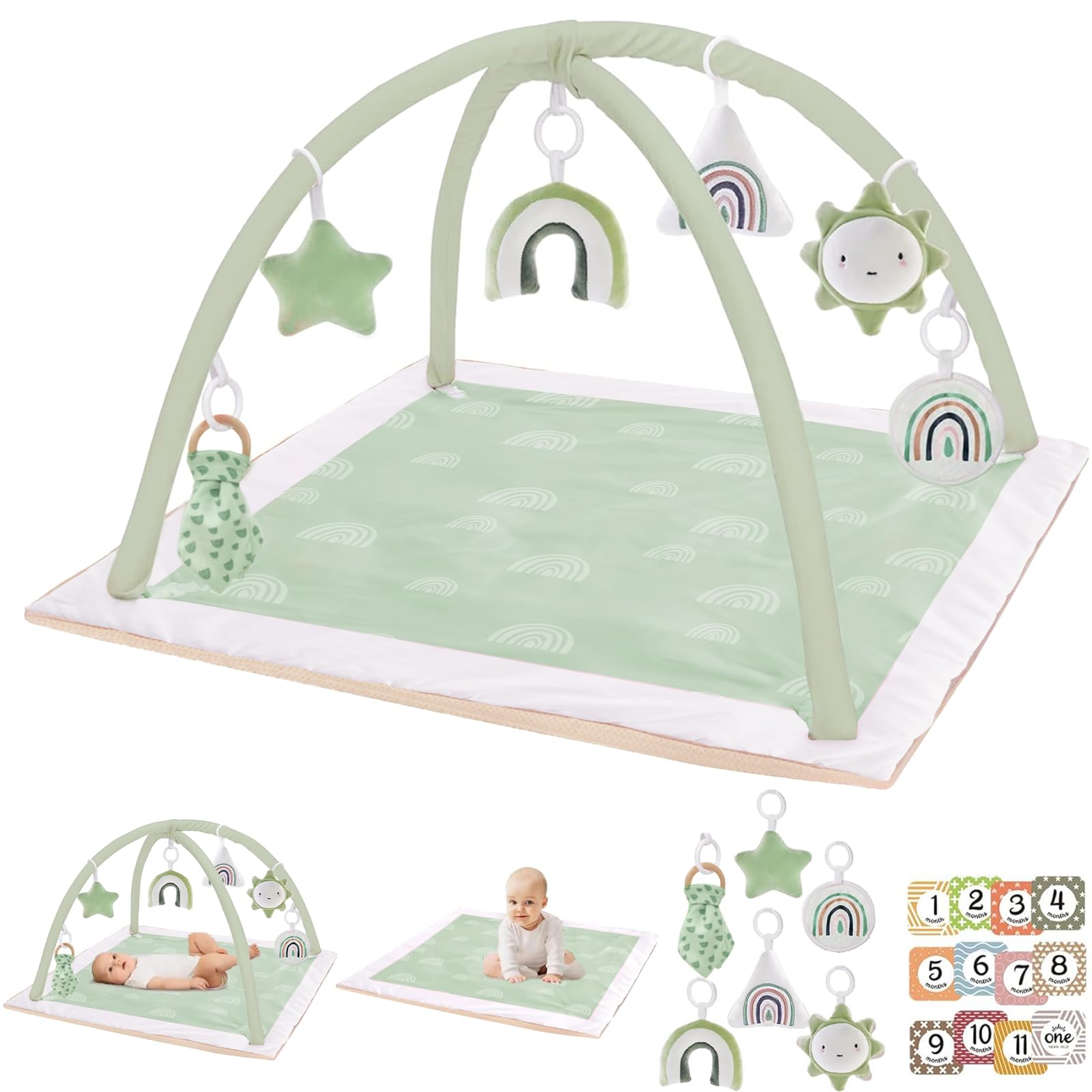Gimnasio de juegos lavable boca abajo para bebés con 6 juguetes destacados Gimnasio para bebés para bebés y niños pequeños Alfombra de juegos para bebés más grande Alfombras de juego para bebés de lujo para el suelo Desarrollo sensorial y motor Antideslizante Verde