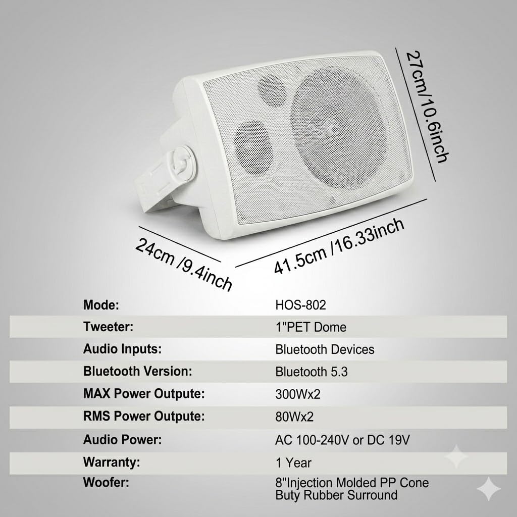STUDIOFINIX TWS Haut-parleurs Bluetooth d'extérieur de 20,3 cm, 600 W, jumelage stéréo TWS, système de haut-parleurs étanches à montage mural pour patio, maison, bord de piscine, terrasse