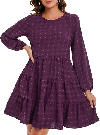 ROYLAMP Womens Swiss Dot Long Sleeve Dress Crew Neck Tiered Ruffle Boho Mini Dressy Flowy Casual Tunic Dresses