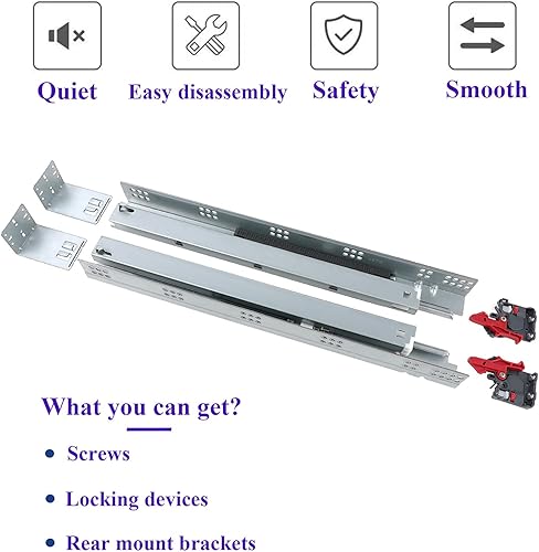 Miniatura 2 de Cajones ocultos de 18 pulgadas, 6 pares de cajones de extensión completa con dispositivo de bloqueo y soportes de montaje traseros