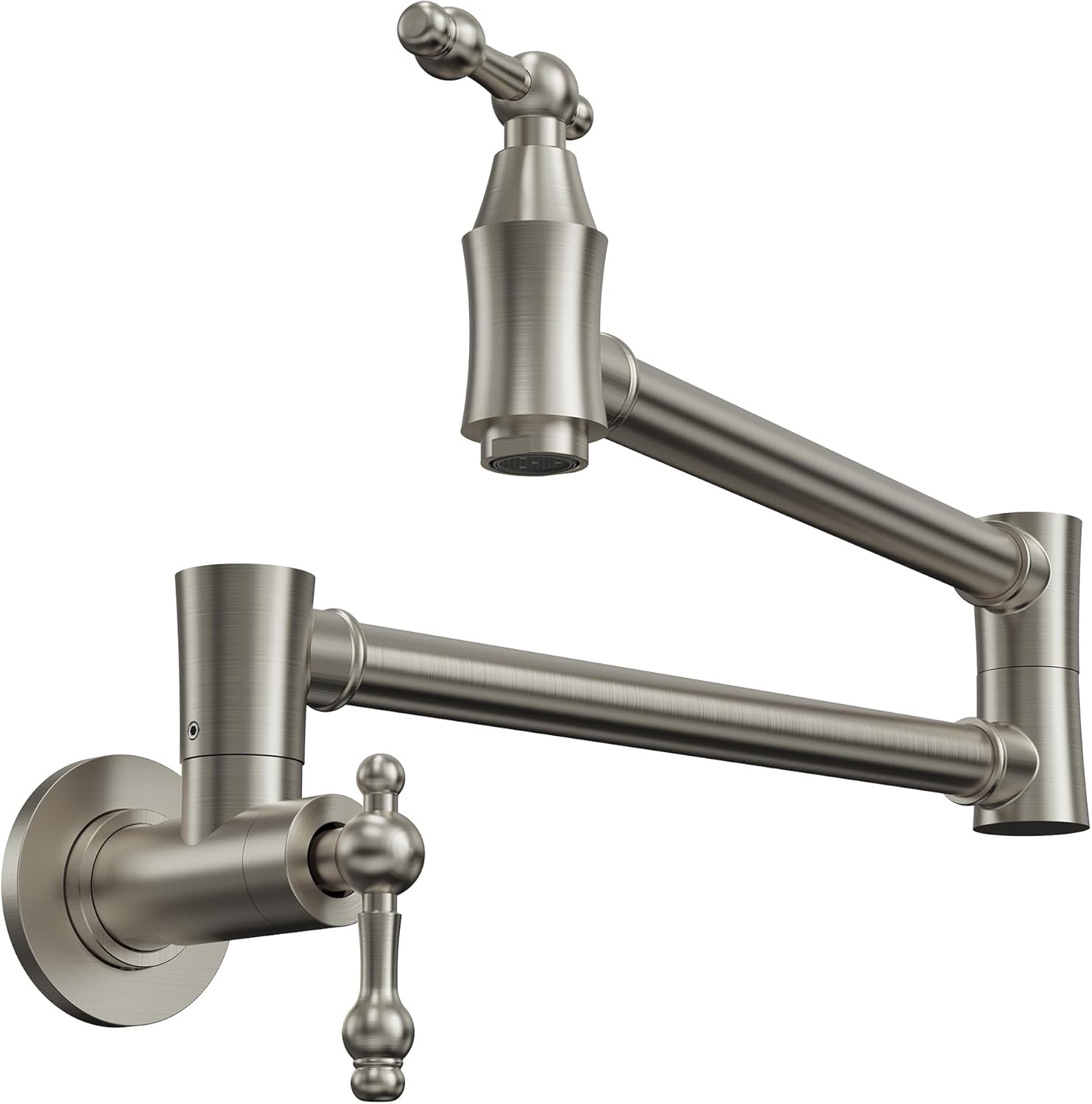 Brushed Nickel Wall Mount Pot Filler Faucet, 8.4-Inch Max Reach Dual Handle Kitchen Faucet, Solid Brass High Flow Cold Water Faucet for Stove, Foldable Design