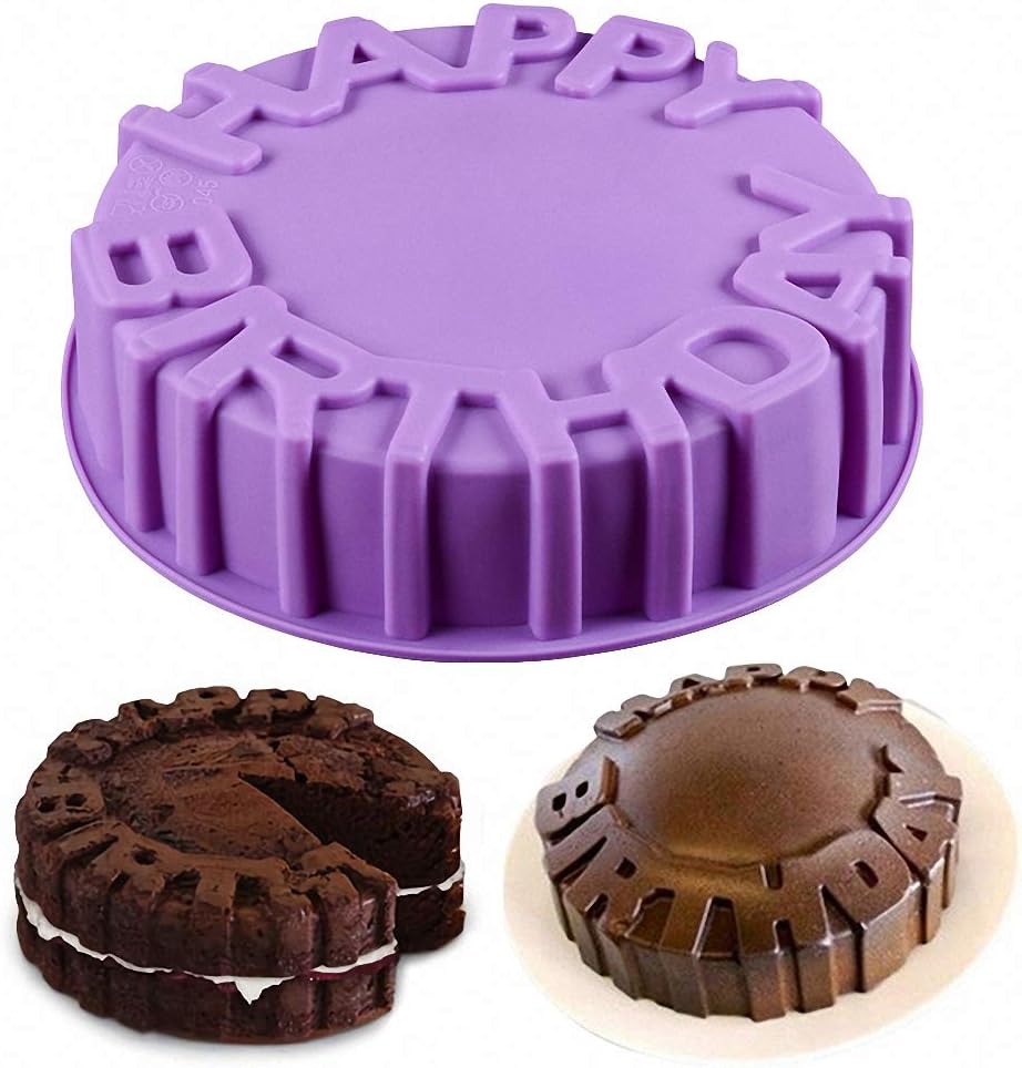 HiParty Happy Birthday Silicone Cake Pan, 7.9" Birthday Round Circle Baking Mold Cheese Cake Jelly Pudding Muffin Pizza Pie Flan Tart Bread Bakeware Pastry Baking Mold (Random Color)