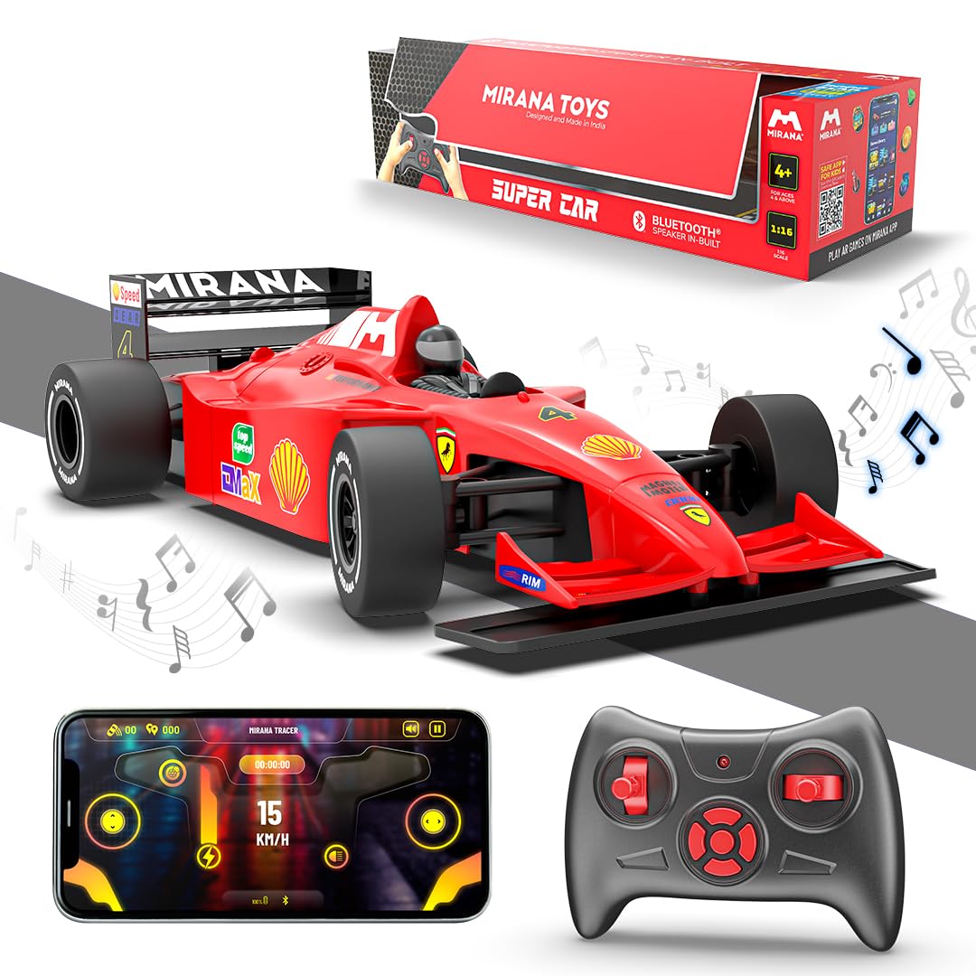Mirana Super Car | USB Rechargable Type-C | in-Built Bluetooth Speaker | 1:12 Size High-Speed Dual Motor Formula 1 RC Car | Long Range Remote & App Controlled F1 Toy for Kids 4+ 5+ 6+ Years (Red)