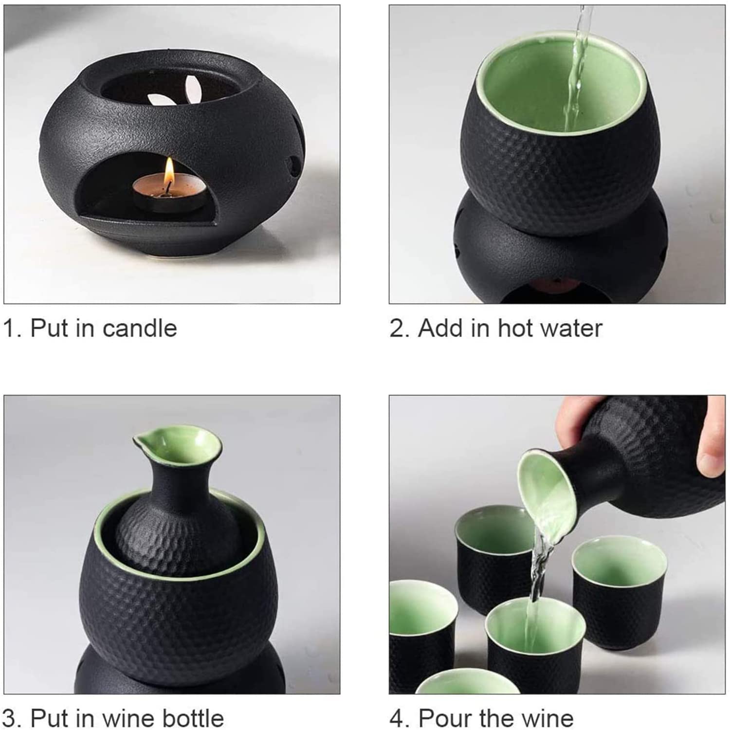 Set Sake In Porcellana Con Scaldino A Candela - 6 Tazze, Bottiglia E Pentola Riscaldata, Regalo Tradizionale Giapponese