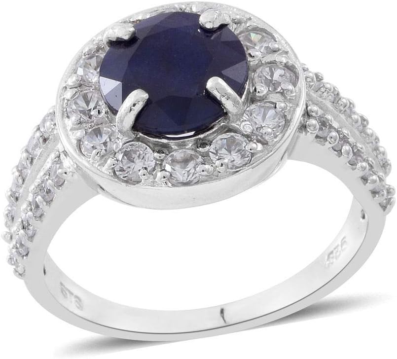 Blue Masoala Sapphire Round 3.25 Ct, Natural White Cambodian Zircon Halo Ring in Rhodium Plated Sterling Silver 5.25 Ct Lovely Birthday Gift for Women Girls