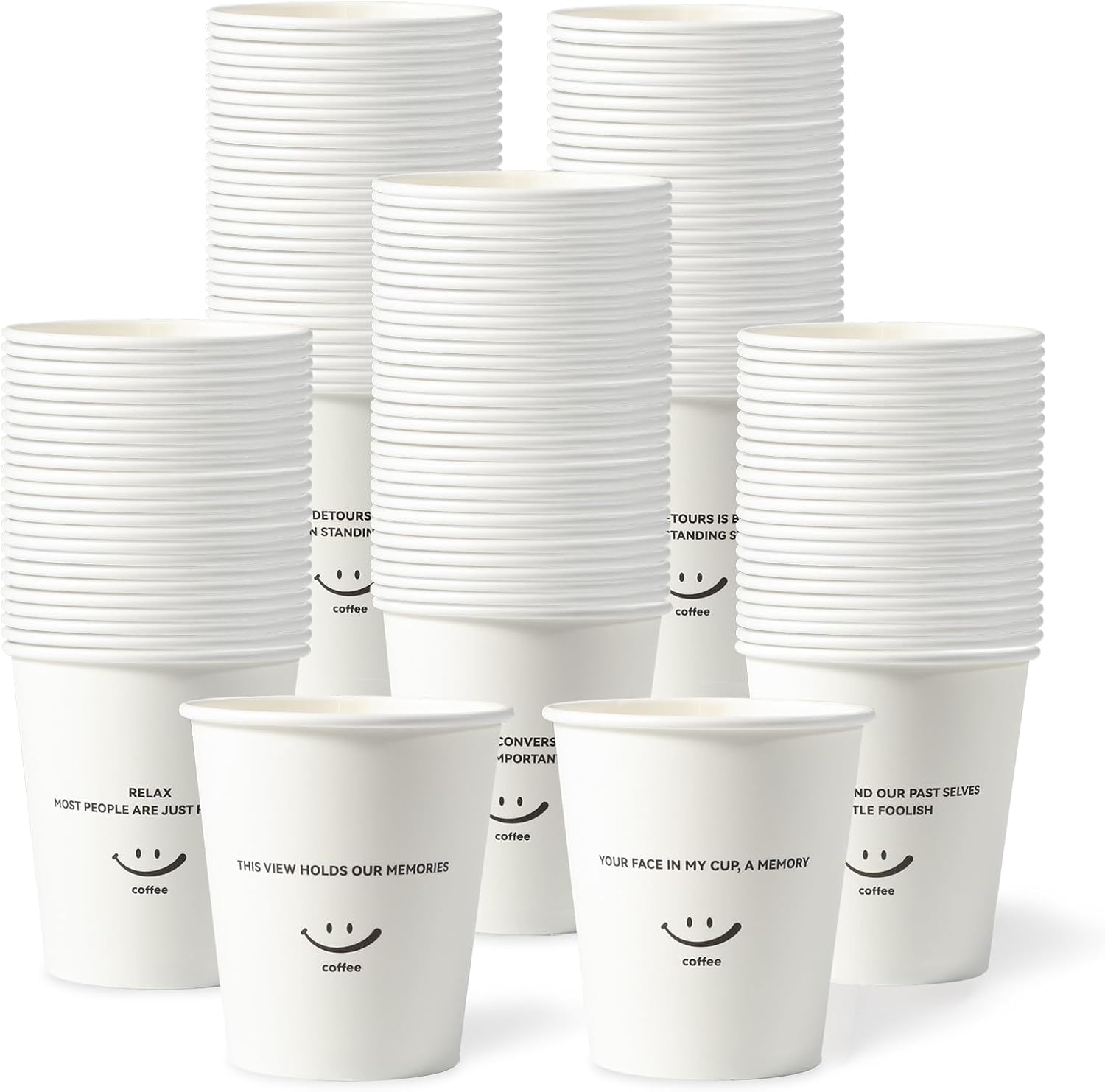 YANGRUI Paper Cups 12oz, 300 Pack with Smiley Face Design, Random Inspirational Copy and Plastic Plates Shrink Wrap 9 Inch 150 Pack