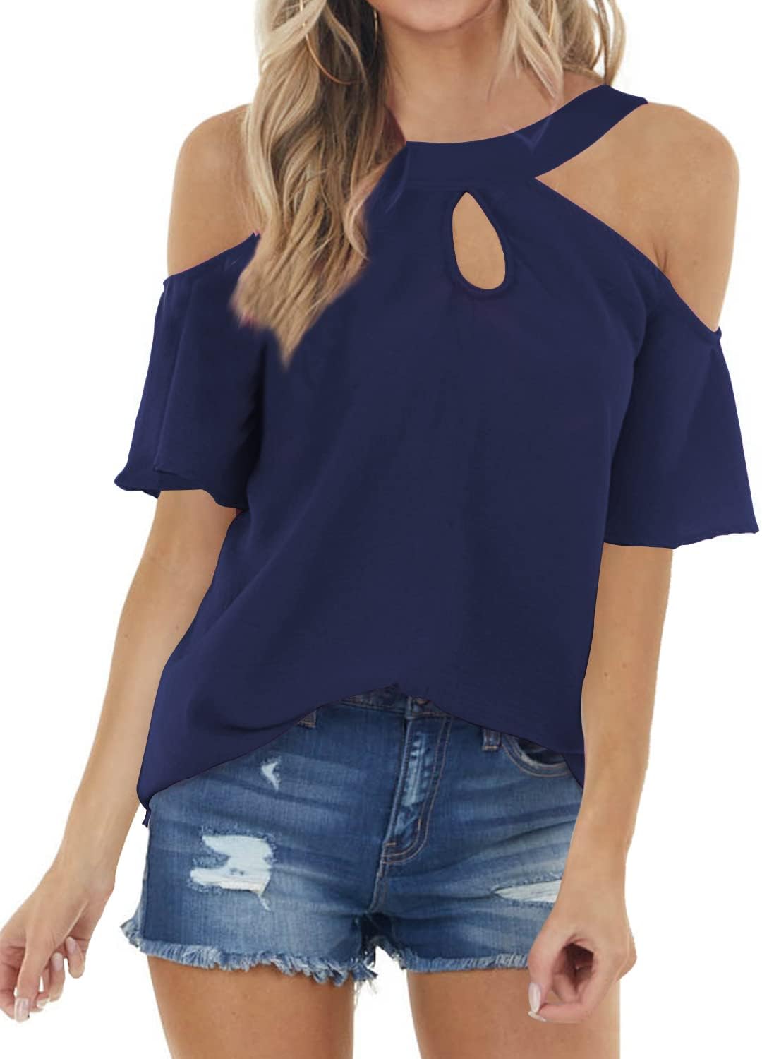 Womens Summer Halter Cold Shoulder Tops Sexy Casual Short Sleeve Keyhole T Shirts Blouse