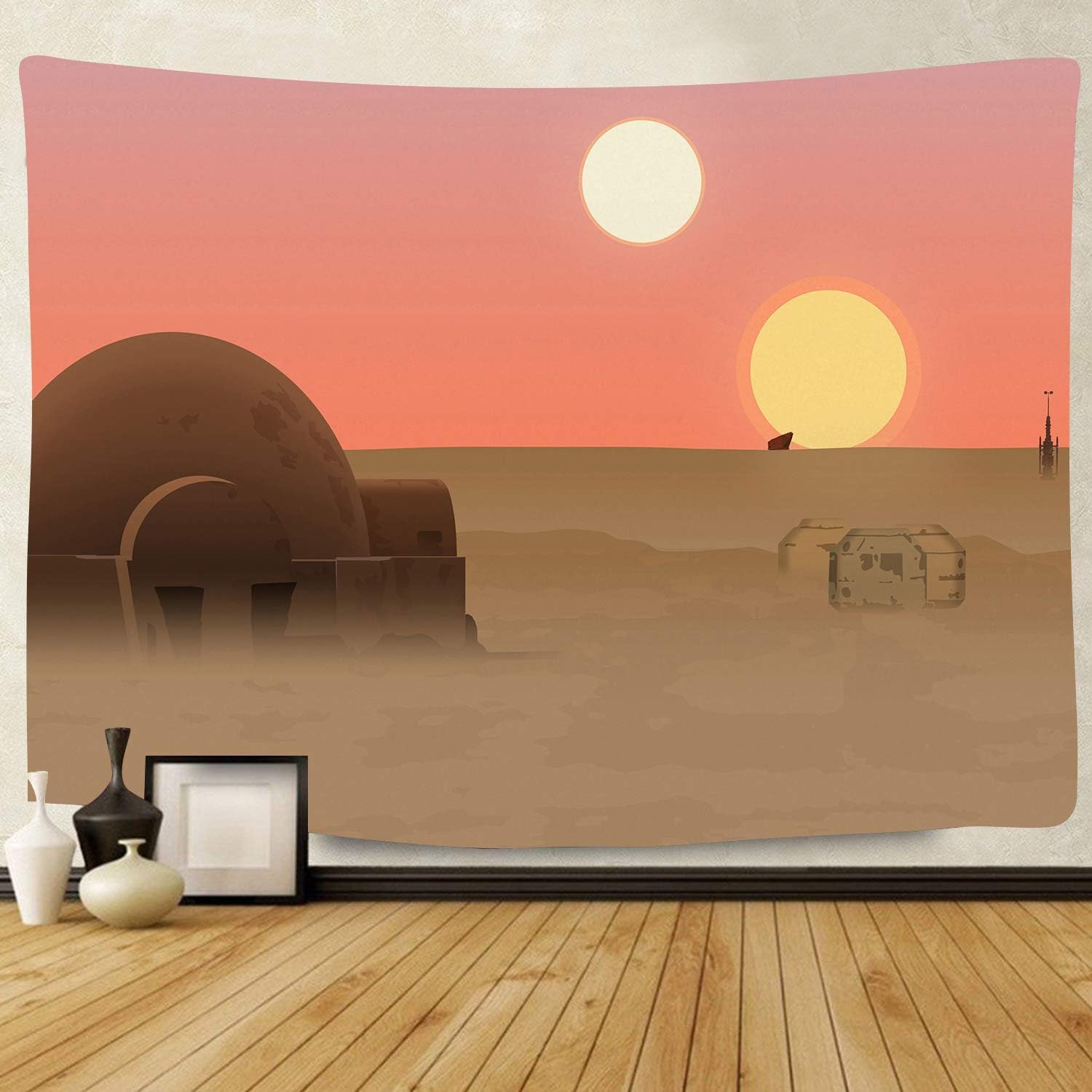 F-FUN SOUL Twin Suns Planet Tapestry, 90x84inchs Soft Flannel, Desert Globe Tatooine Wall Hanging Tapestries for Living Room Bedroom Home Decor GTZYFS1239