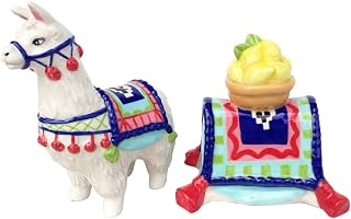 Blue Sky Ceramic Indian Woman with Feather Headdress' Indian Lemon Llama Salt & Pepper Set, Multicolor