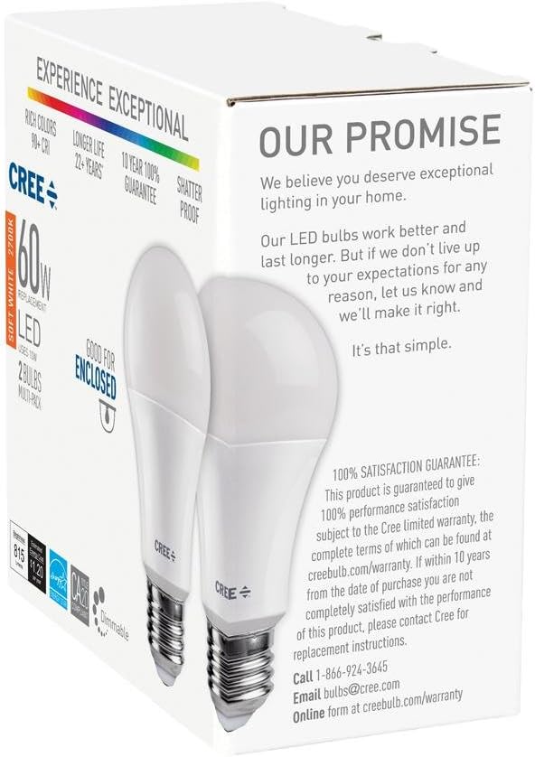 Cree 8-Pack LED 60W Replacement A19 Soft White (2700K) Dimmable Light Bulb