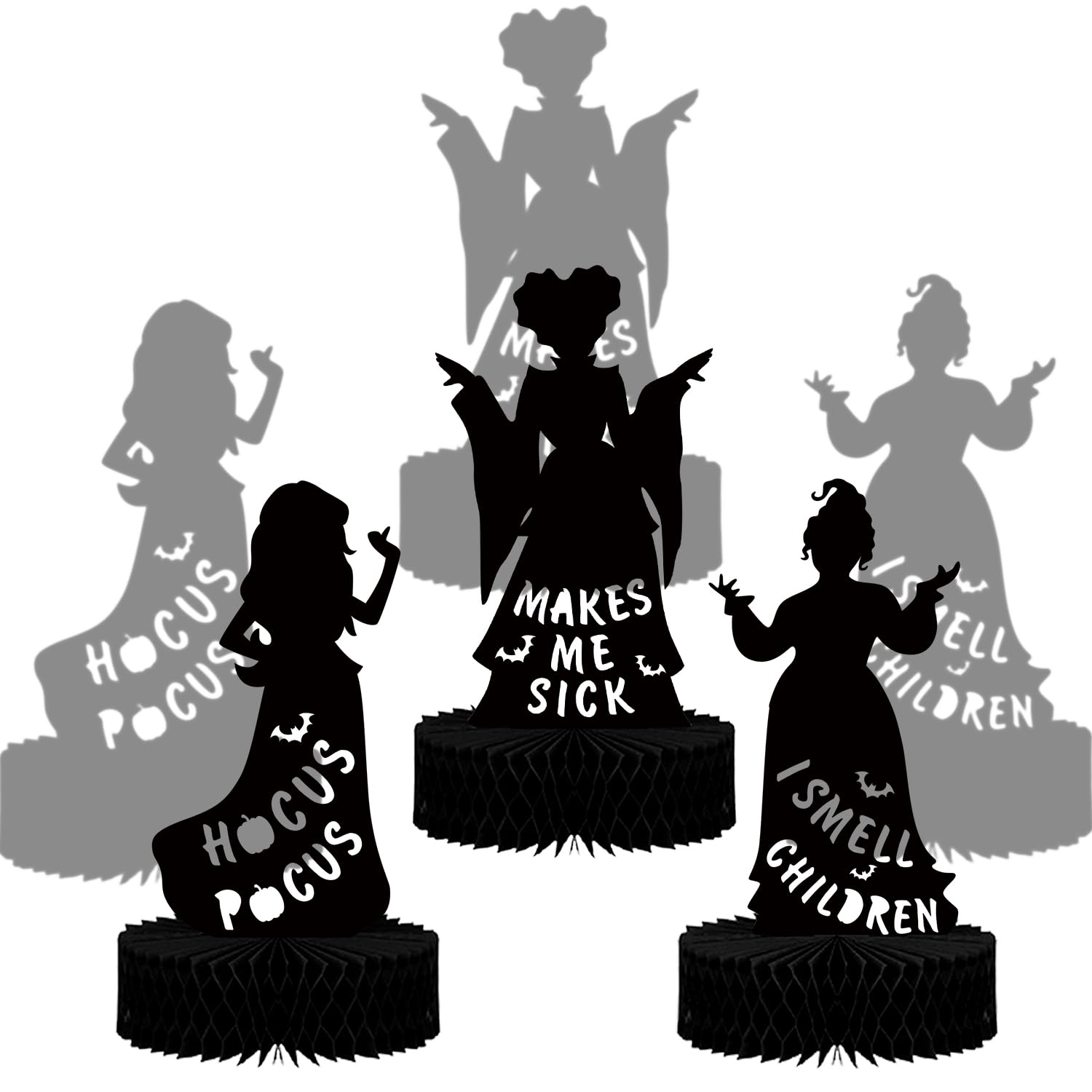 LECONCES Hocus Pocus Halloween Decorations Indoor, 3PCS Halloween Witches Paper Honeycomb Centerpieces, Halloween Silhouette Table Decor, Halloween Decorations for Office Home