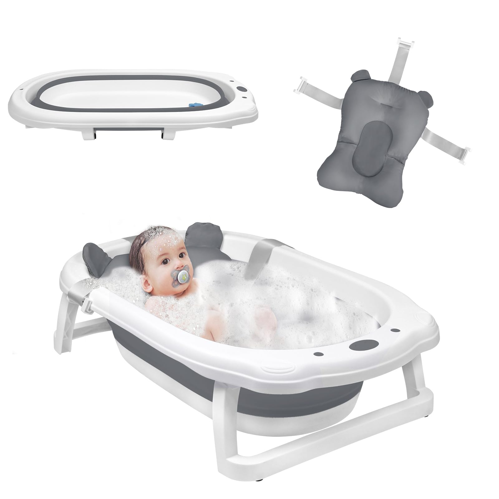 ACXIN Faltbare Babywanne mit Ablauflöchern Geeignet für Kleinkinder bis 8 Jahre, Hitzebeständige, Rutschfeste Fußpolster, Stabiles PP & TPE Plastik, Inklusive Badematte (Grau)