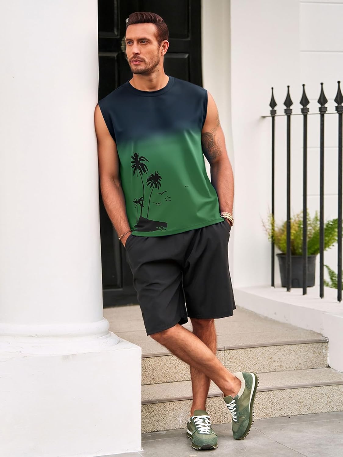 Runcati Mens Graphic Tank Tops Sleeveless Palm Tree Gradient Shirts Beach Hawaiian Gym Muscle Workout Tops - Image 6