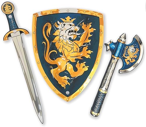 Liontouch Espada, escudo y hacha de juguete Noble Knight para niños, azul  Juego de simulación medieval en espuma para niños con tema de león dorado