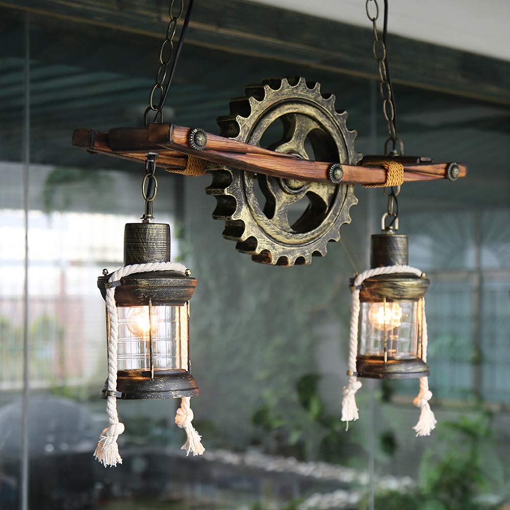 Suspension engrenage en bois massif et fer forgé style rétro