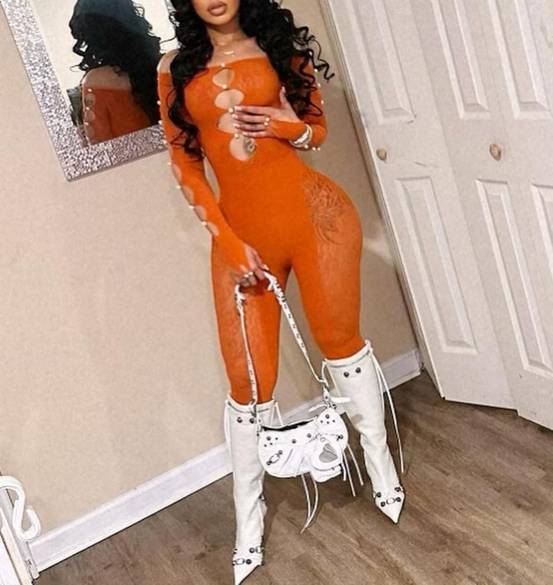 Women sexy Lingerie see through mesh jumpsuit fishnet low-cut long-sleeved bodysuit bodystockings cluboutfit