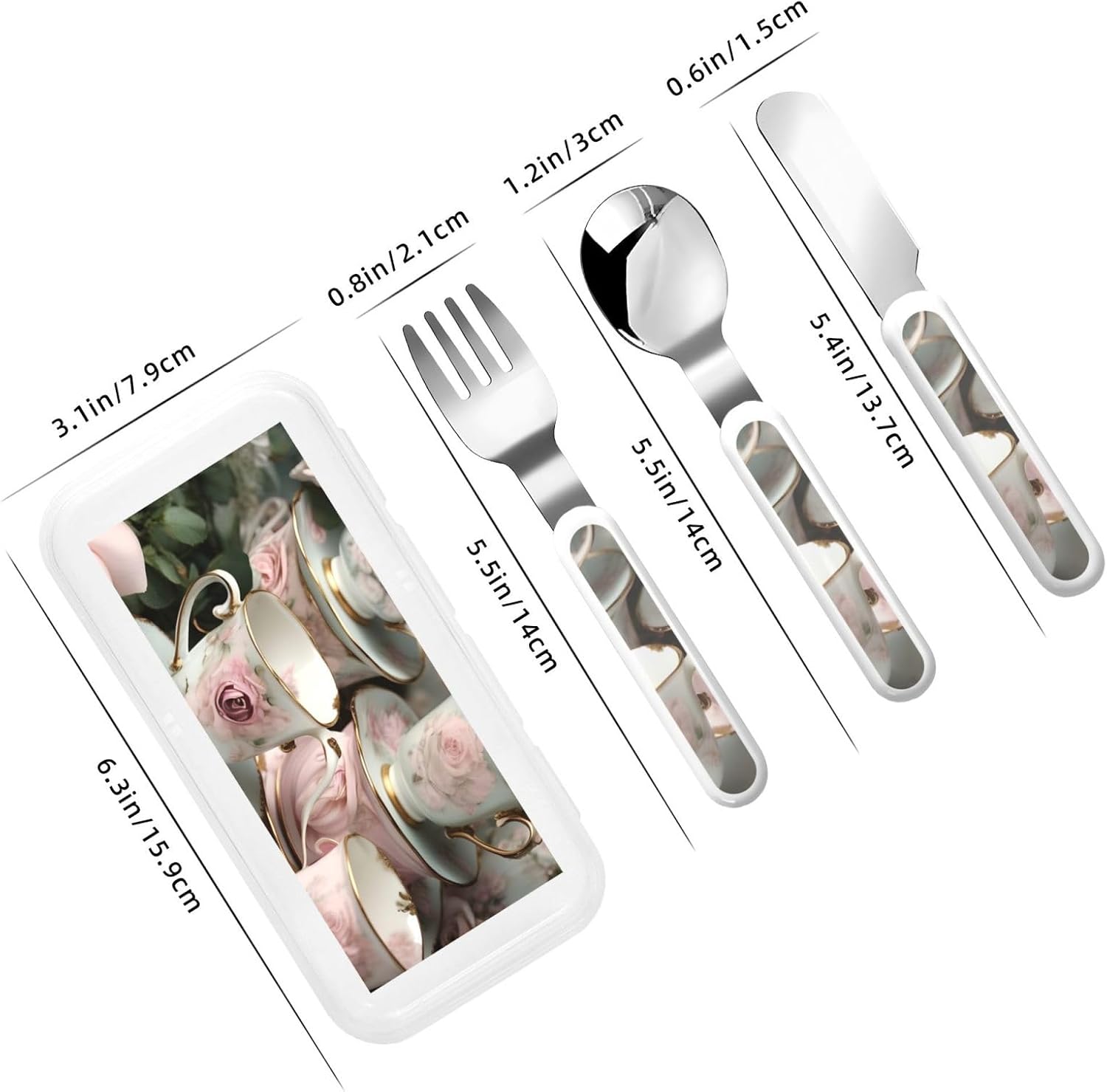 Tea Cups with Roses Romantic print Travel Utensil Set with Case. Include Fork Spoon Knife,Ergonomic Right Handed Spoon