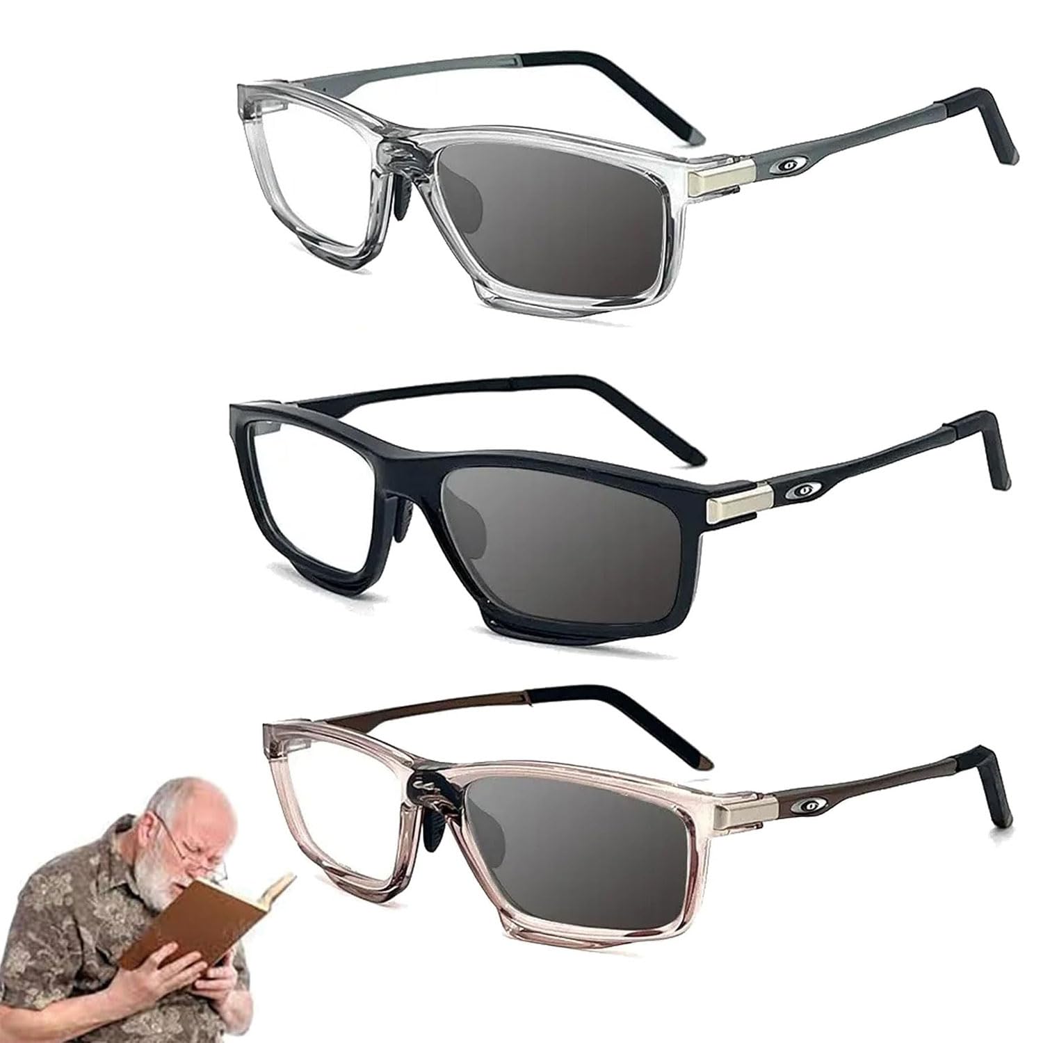 Sports Outdoor Aluminum Magnesium Ultra-Light Color-Changing Multi-focal Reading Glasses, Anti Blue Light Glasses (3Colors,1.0 x)