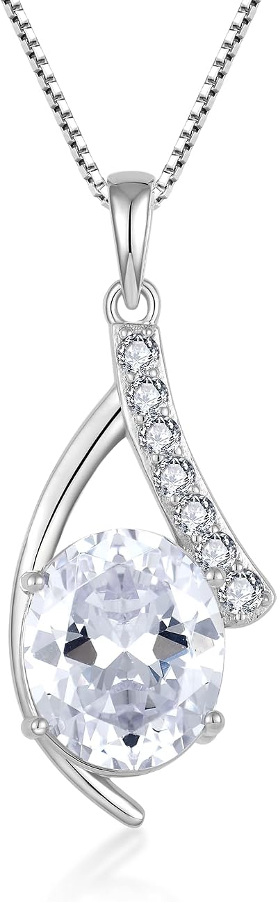 Oval Shaped Necklace for Women, 925 Sterling Silver Cubic Zirconia Birthstone Pendant Jewelry Anniversary Christmas Birthday for Wife Mon Her