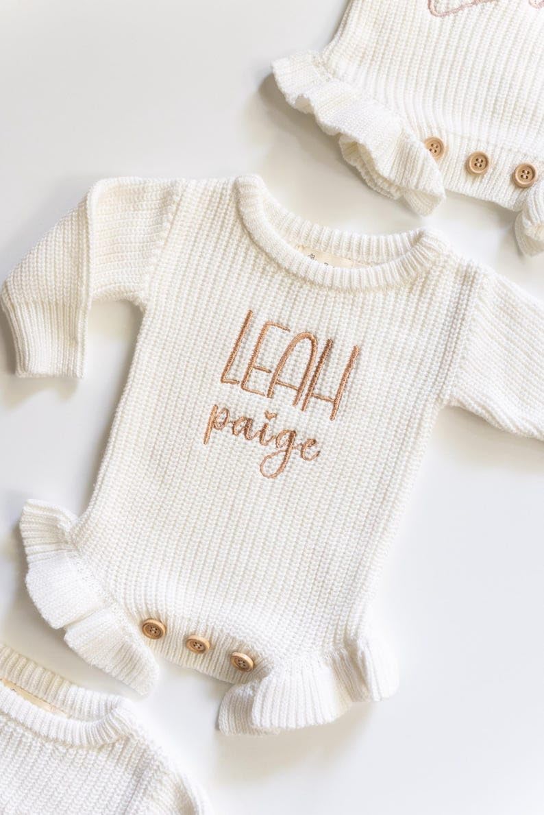 Personalized Chunky Knit Sweater Romper, Embroidered Name Outfit, Customized Newborn Clothes, One-Piece Keepsake