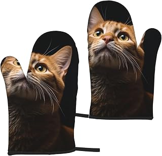 Oven Mitts Waterproof Oven Gloves Set of 2 Extra Long Trivet with Hanging Loops Cat Looks Up Kitchen Mitts Non-Slip Cooking Gloves for Baking BBQ Pans