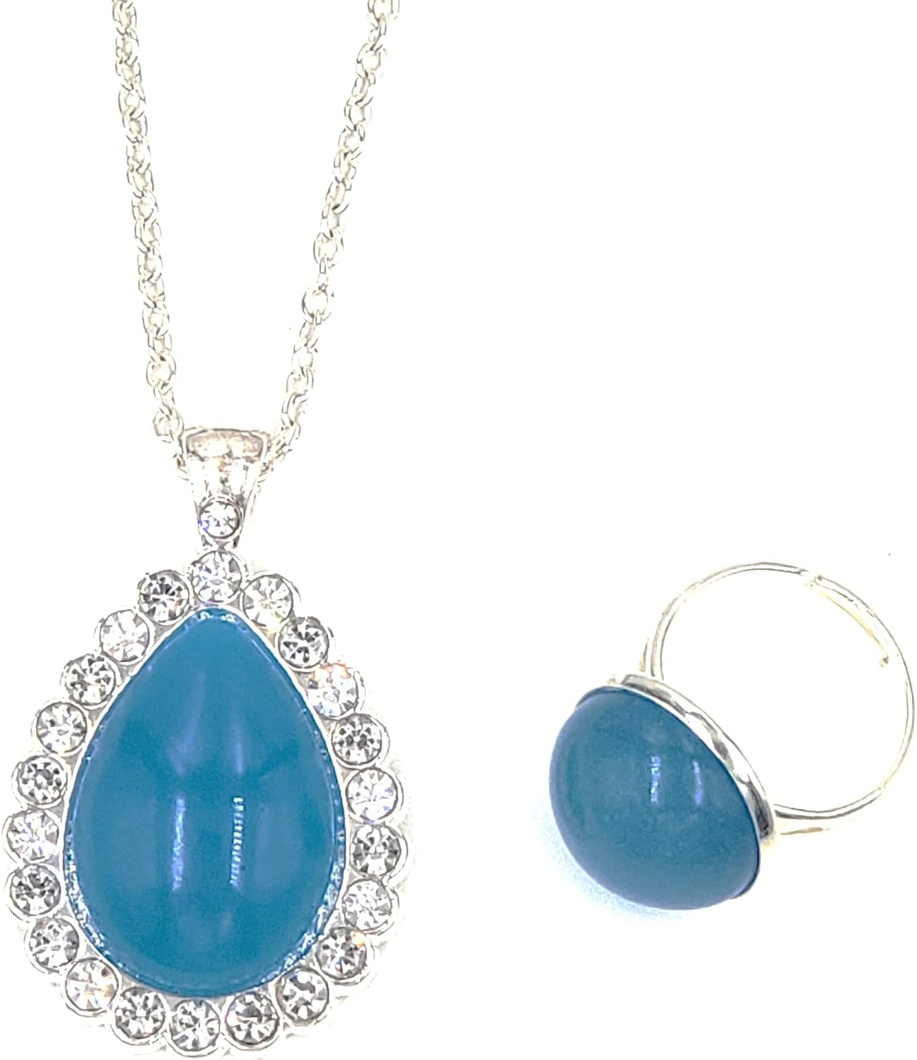 NLM Glow in the Dark Jewelry Set: 1 Pc Silver Round Statement Ring & 1 Pc Clear Rhinestone Bezel Pendant Necklace. Neon & Luminous Night Light Magic (NLM) Glow Arts, Girl & Boy Gift.