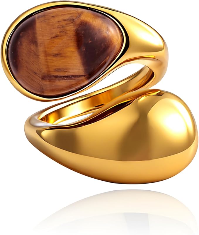 14K Gold Plated Tiger Eye Stone Chunky Open Ring Boho Vintage Rings for Women Brown Jewelry and Pearl