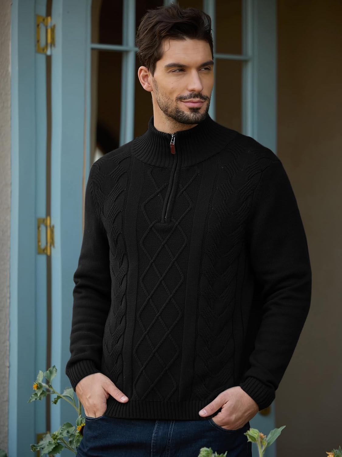 Les umes Mens Quarter Zip Sweater Cotton Mock Neck Pullover Sweaters Warm Long Sleeve Cable Knitted Jumper