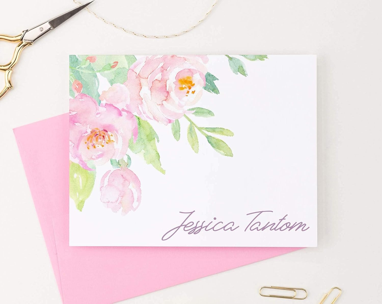 Personalized Floral Stationary with Envelopes, FOLDED NOTE CARDS, Floral Personalized Stationery Set for Women, Pink Personalized Floral Note Cards for Women, Your Choice of Colors and Quantity