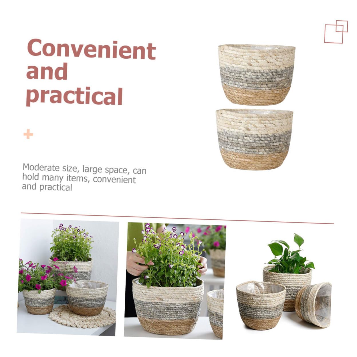 GANAZONO 2 Sztuki Woven Straw Flower Baskets Decorative Plant Containers for Desktop Indoor Rustic Farmhouse Style