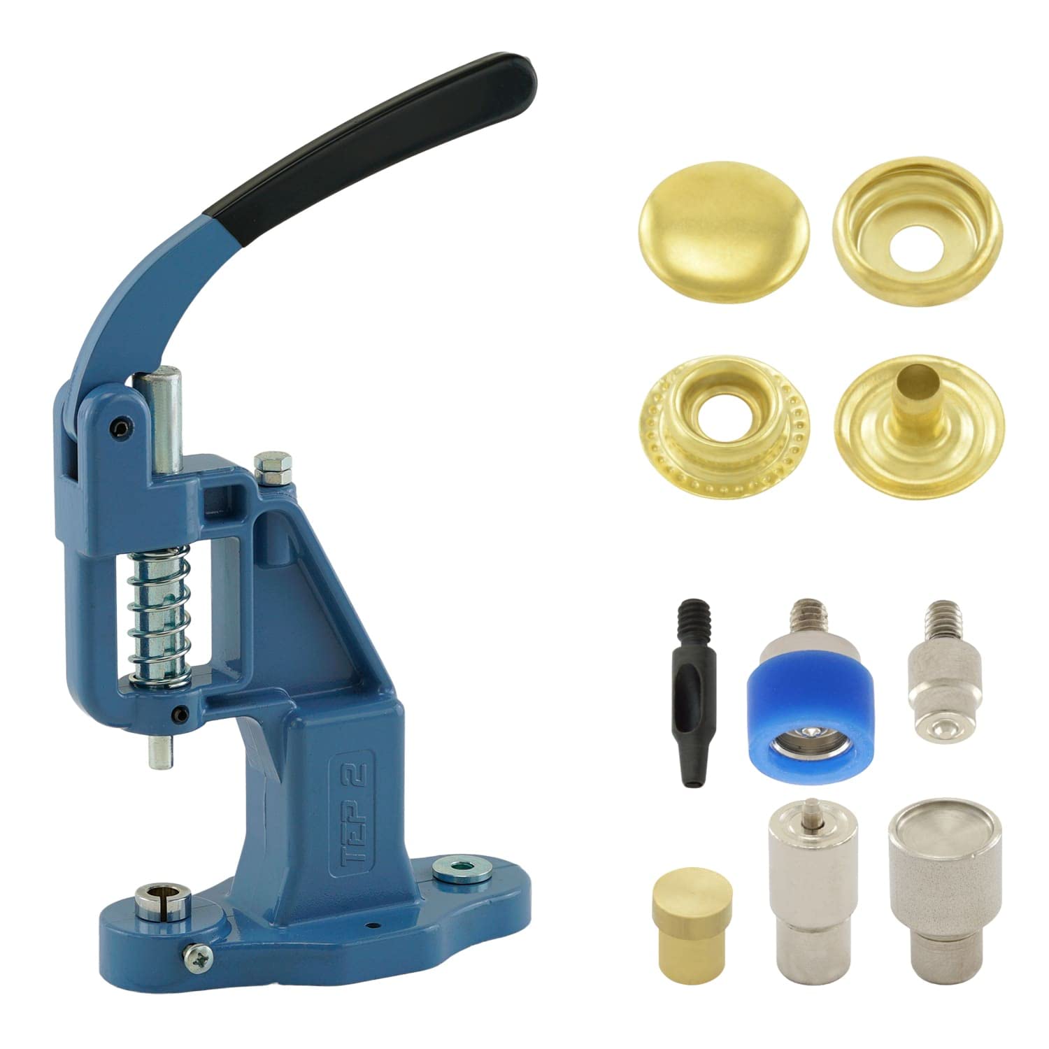 Juego de prensa de botón con palanca de presión, herramienta de botón y 50 piezas de botones de presión de resorte de anillo de 15 mm, dorado, latón, sin costura, inoxidable, prensa manual