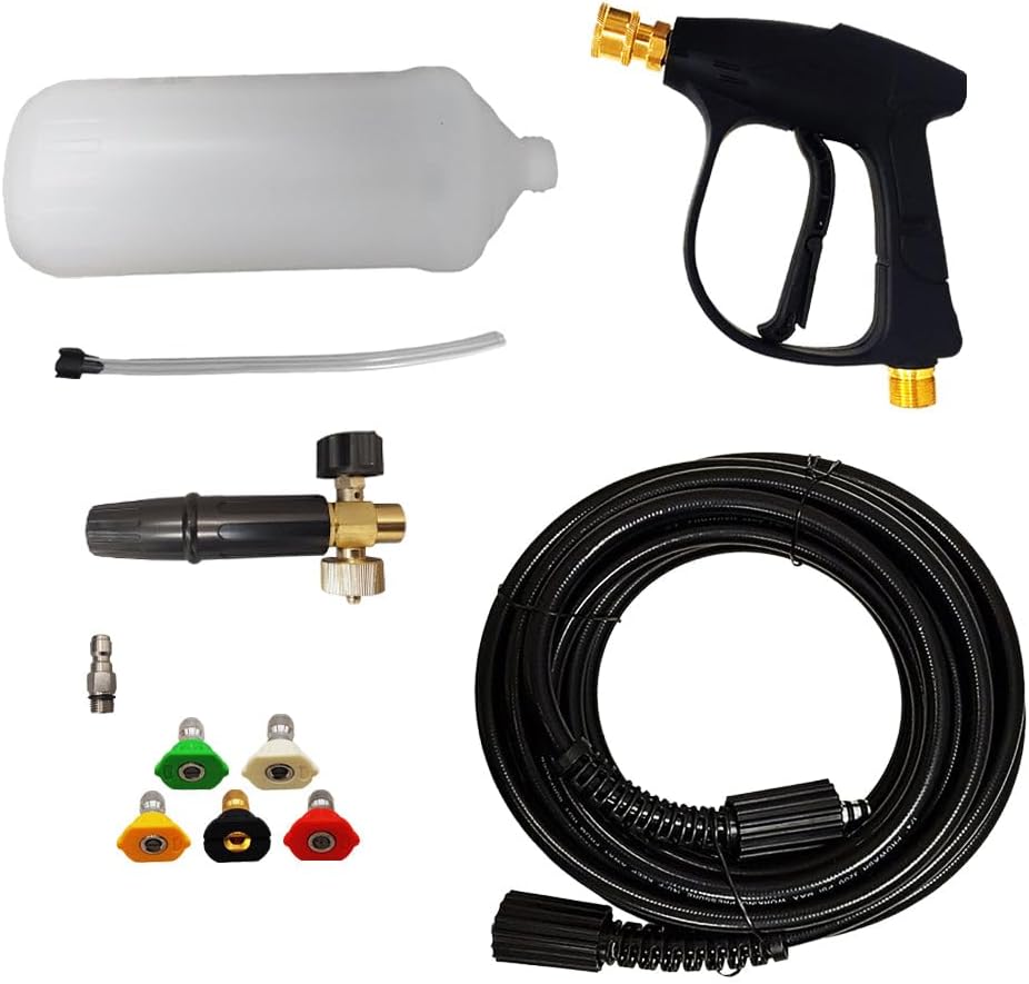 proven part Pressure Washer Gun M22 Female with 1/4" Female Quick Connector, 5 Tips and Foam Applicator and 25' 1/4" Hose M22xM22