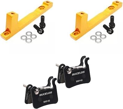 BUCKLOS PM Front Rear 180mm Gold Disc Brake Caliper Mount Adapter and 2 Pair Resin Bike Disc Brake Pads Compatible with Shimano Deore XT XTR LX SLX Hone Alfine Saint Disc Brake