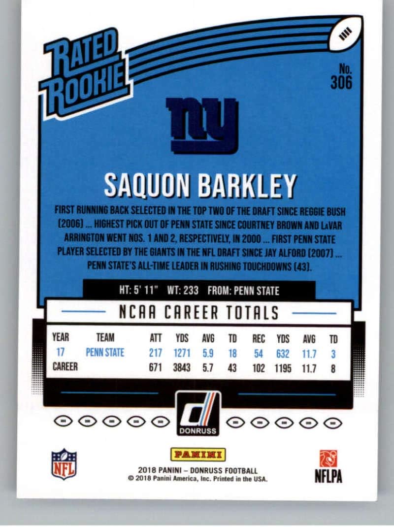 2018 Donruss Football #306 Saquon Barkley RC Rookie Card New York Giants Rated Rookie Official NFL Trading Card