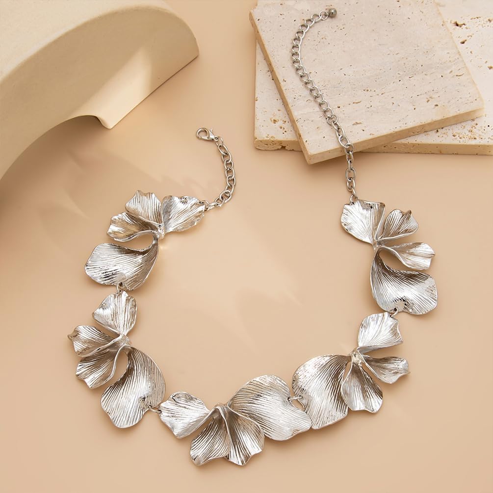 Chunky Gold Multi Ginkgo Leaf Petal Necklace for Women, Statement Trendy Silver Irregular Textured Flower Necklace Bohemia Charm Party Jewelry Gifts - Image 5